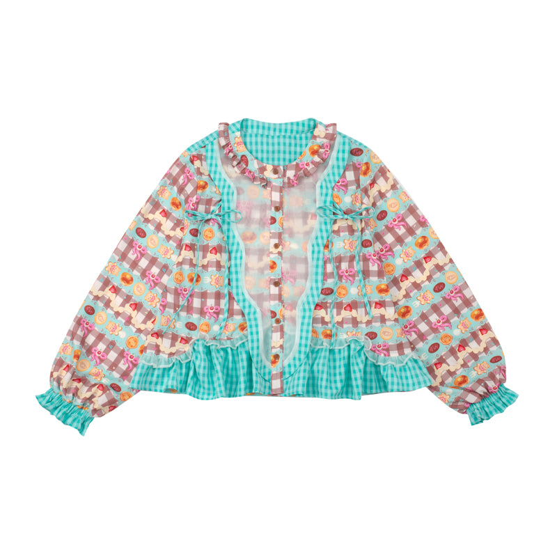 Blue and green plaid patchwork print retro lace collar shirt