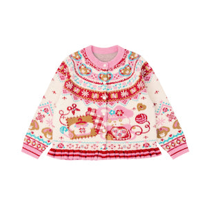 Red and pink Fair Isle style faux mink fur knitted cardigan with rabbit motif