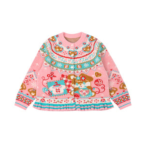 Red and pink Fair Isle style faux mink fur knitted cardigan with rabbit motif