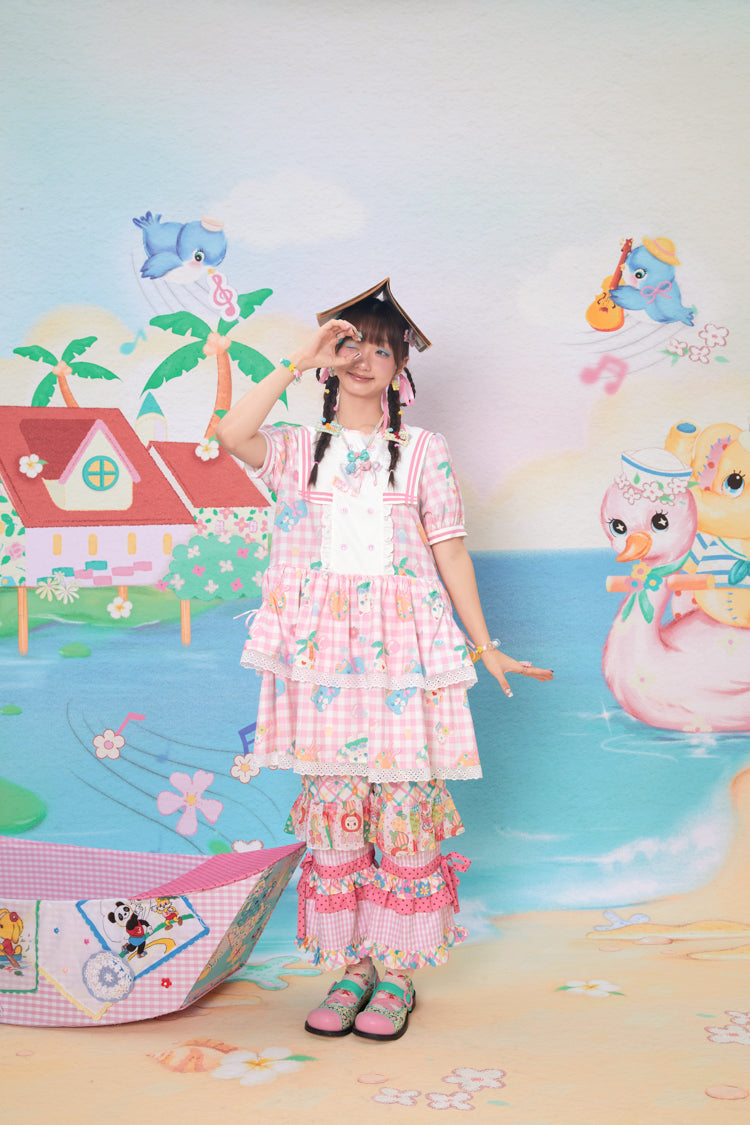 Navy collar plaid cat print cake dress blue and pink