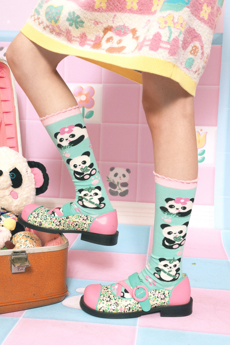 Original panda mint green mid-calf cotton socks