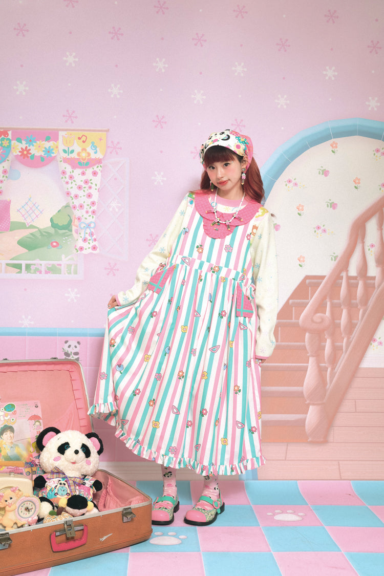 Floral striped printed pink and green doll collar lace sweet long vest dress