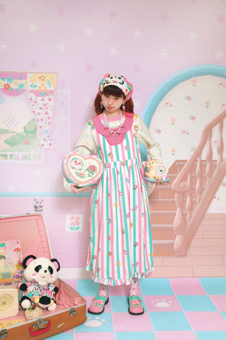 Floral striped printed pink and green doll collar lace sweet long vest dress