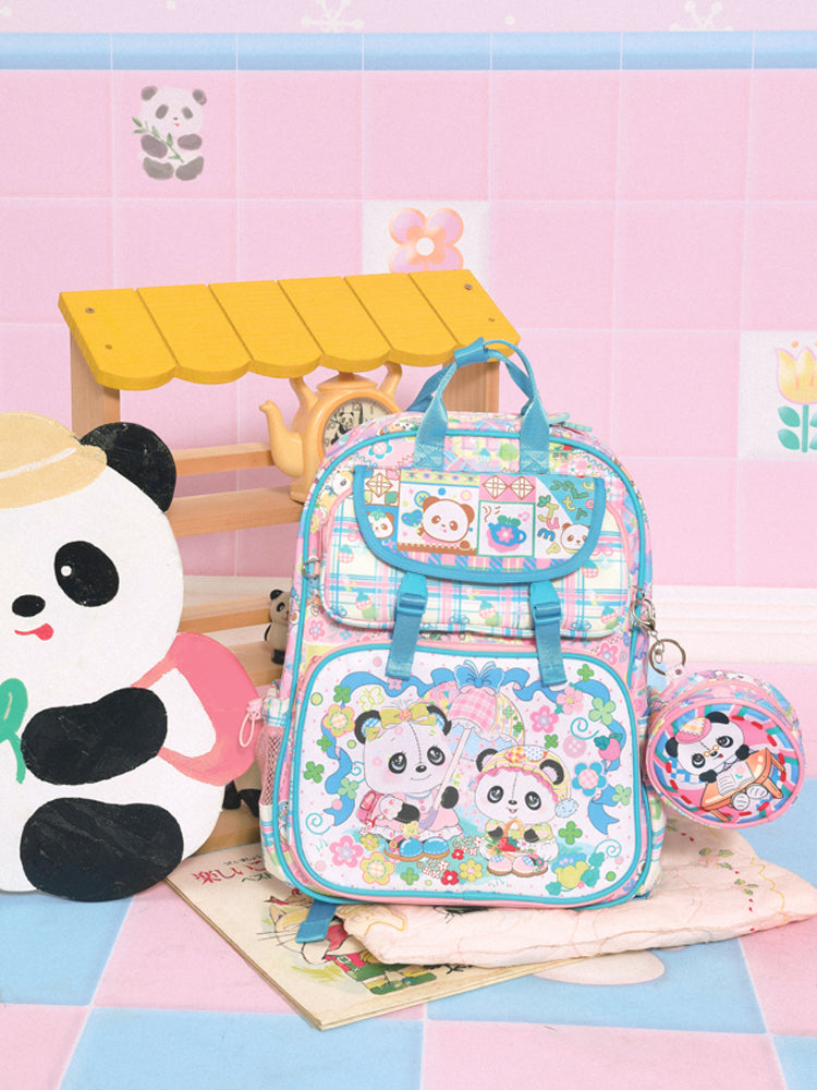 Original blue and purple panda print nylon college backpack school bag