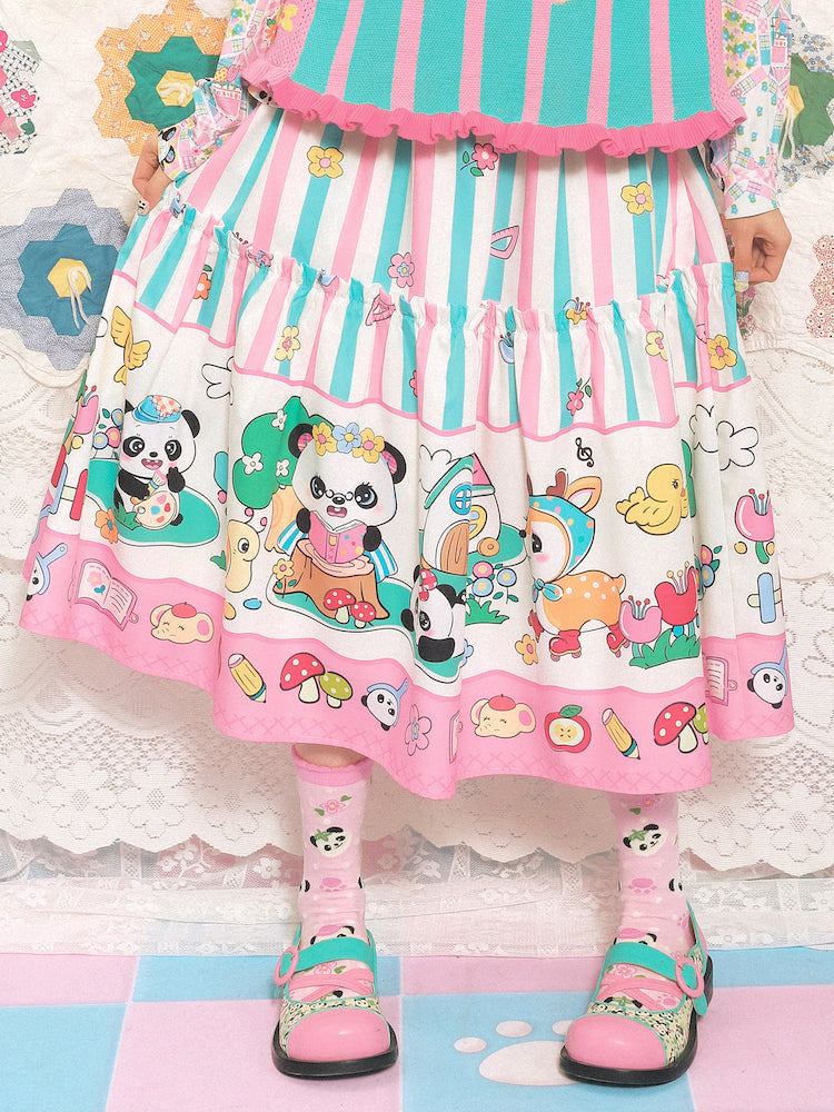 Pink and green striped panda cartoon elastic cute printed long skirt