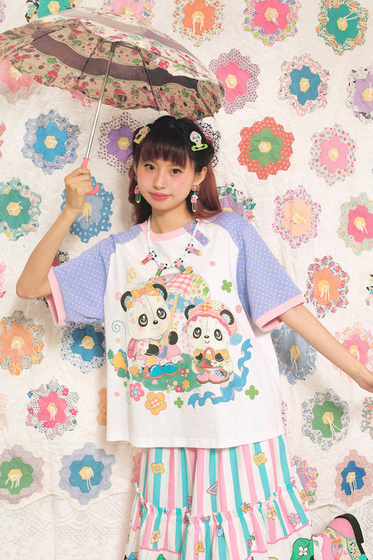 Panda holding an umbrella print with purple cartoon short-sleeved summer loose T-shirt