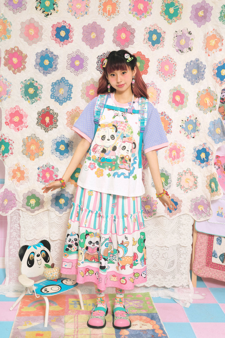 Pink and green striped panda cartoon elastic cute printed long skirt