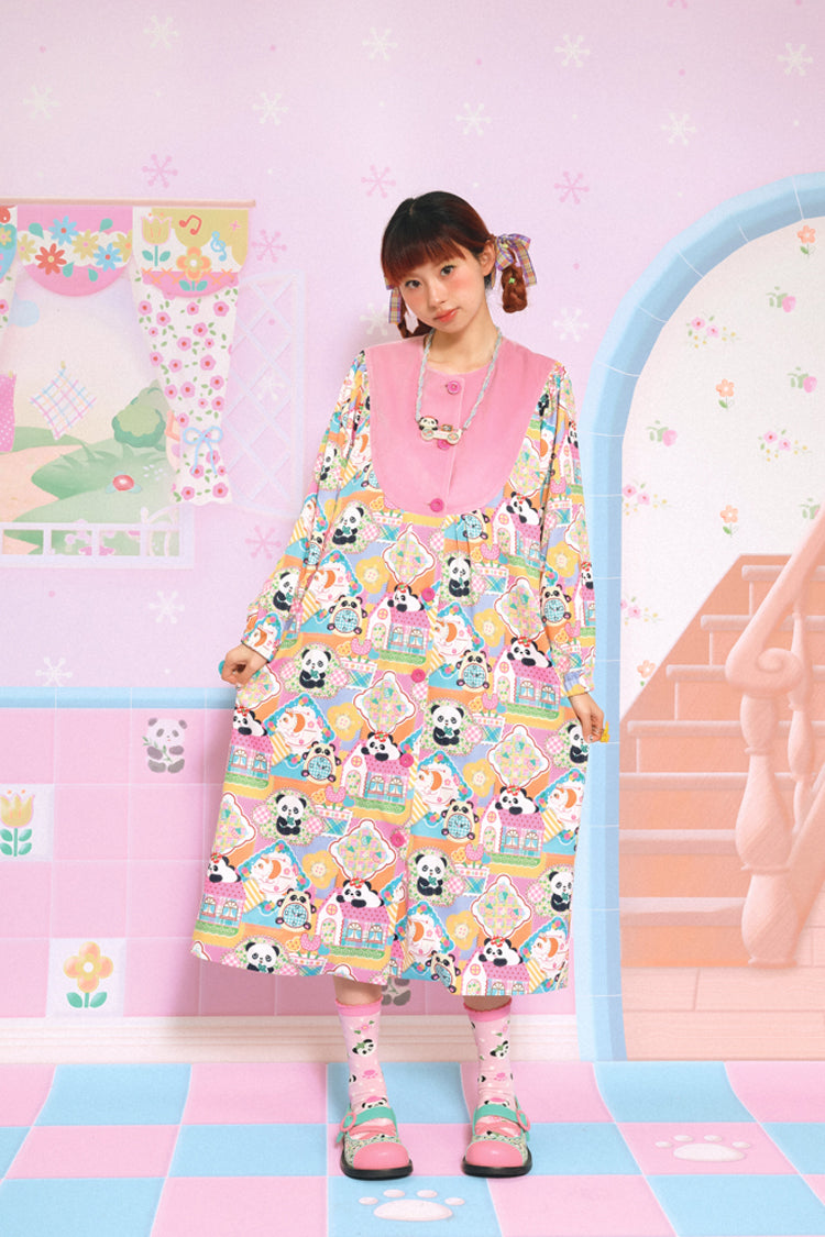 Velvet patchwork panda print pink and purple loose coat dress