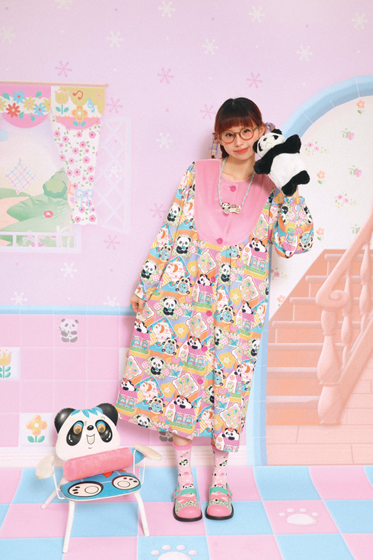 Velvet patchwork panda print pink and purple loose coat dress