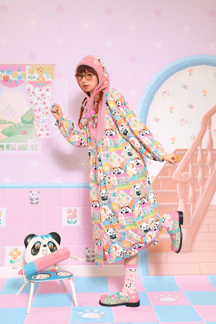 Velvet patchwork panda print pink and purple loose coat dress