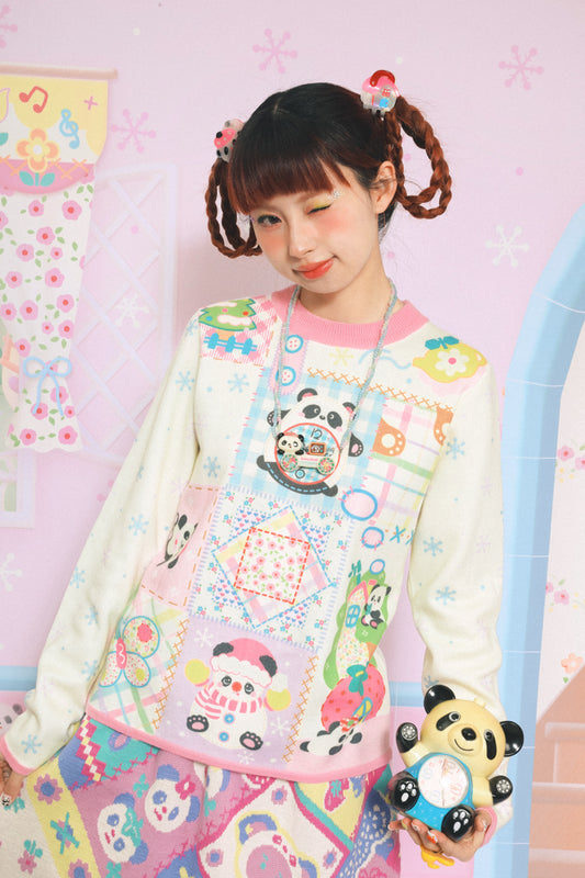 Panda Snowflake Print Contrast Color Cartoon Retro Round Neck Knitted Bottoming Sweater