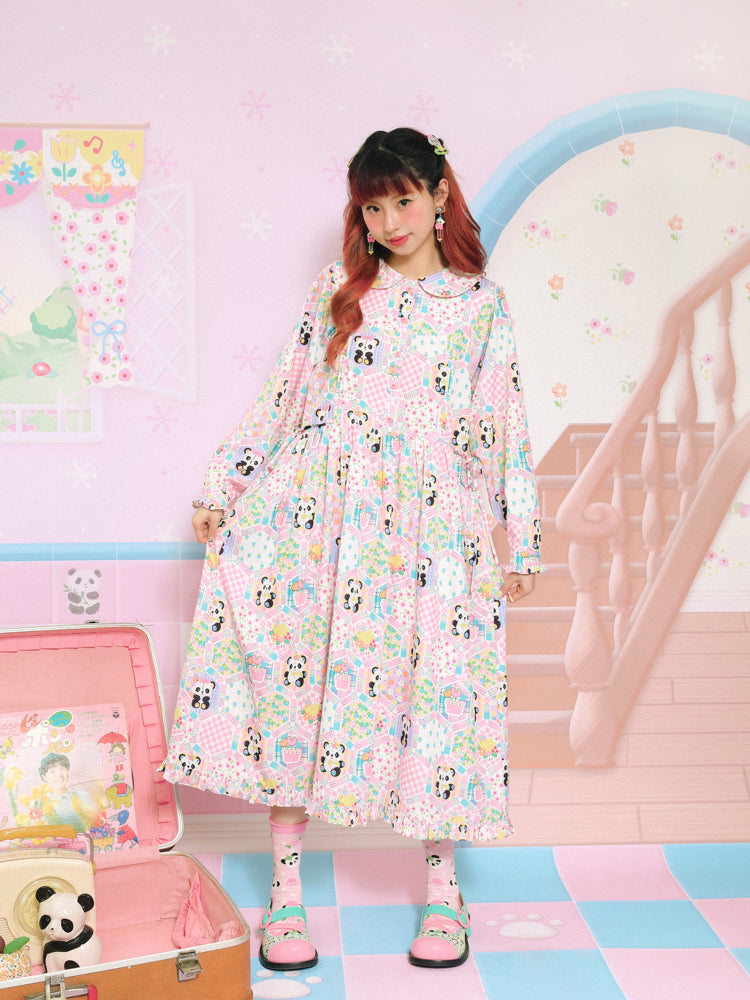 Baby doll collar patchwork style printed pink and purple sweet long loose dress