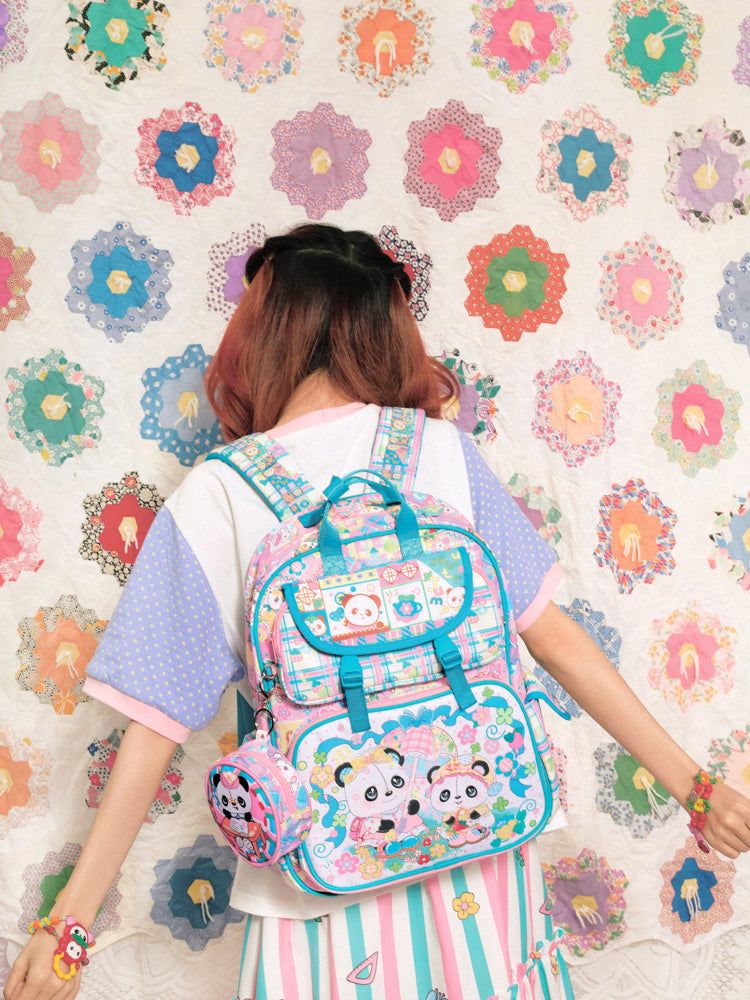 Original blue and purple panda print nylon college backpack school bag