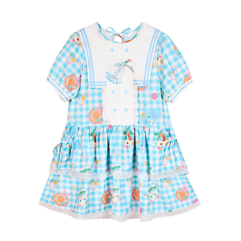 Navy collar plaid cat print cake dress blue and pink