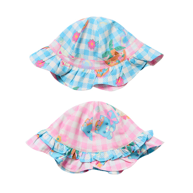 Plaid cat print reversible sunshade blue and pink petal bucket hat