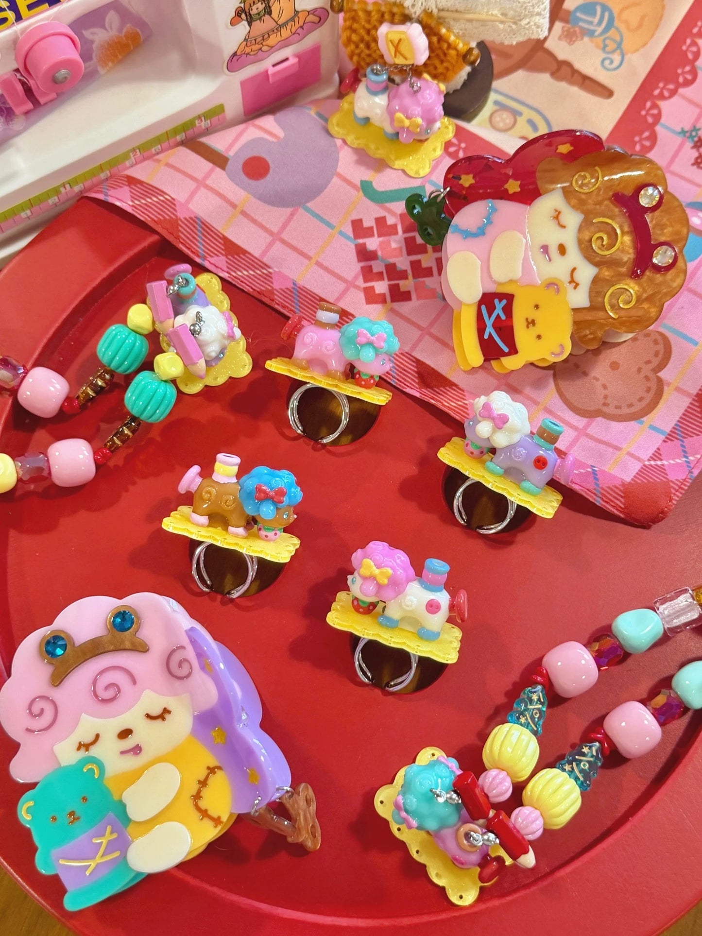 Original Retro "Little Lamb" Sewing Machine Resin Earrings, Ear Clips, and Rings