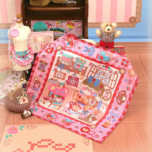 Hand-Drawn Print Square Scarf with Cute Illustrated Sewing Patterns