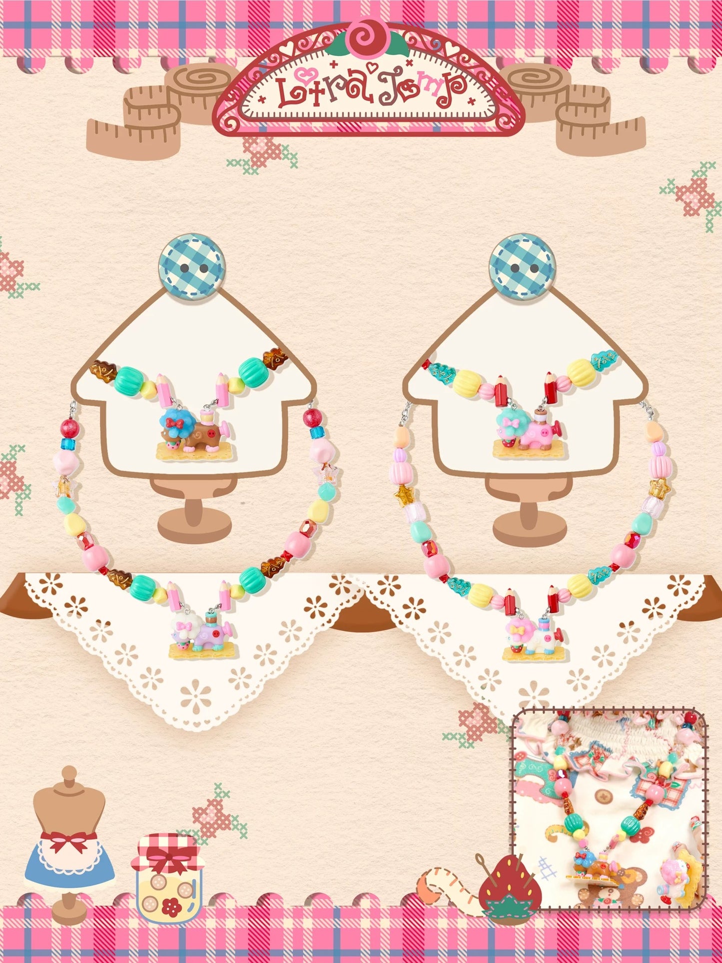 Original Retro-Style Resin & Acrylic Beaded Necklace — Little Lamb & Sewing Machine Design