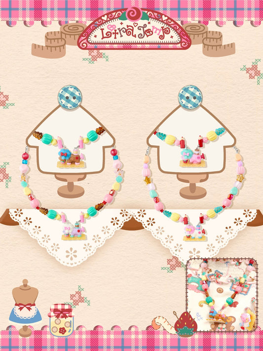 Original Retro-Style Resin & Acrylic Beaded Necklace — Little Lamb & Sewing Machine Design