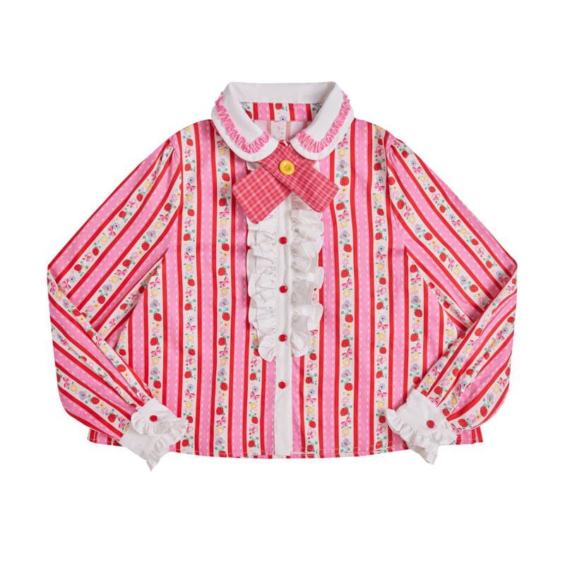 Striped print cute original tie cotton shirt