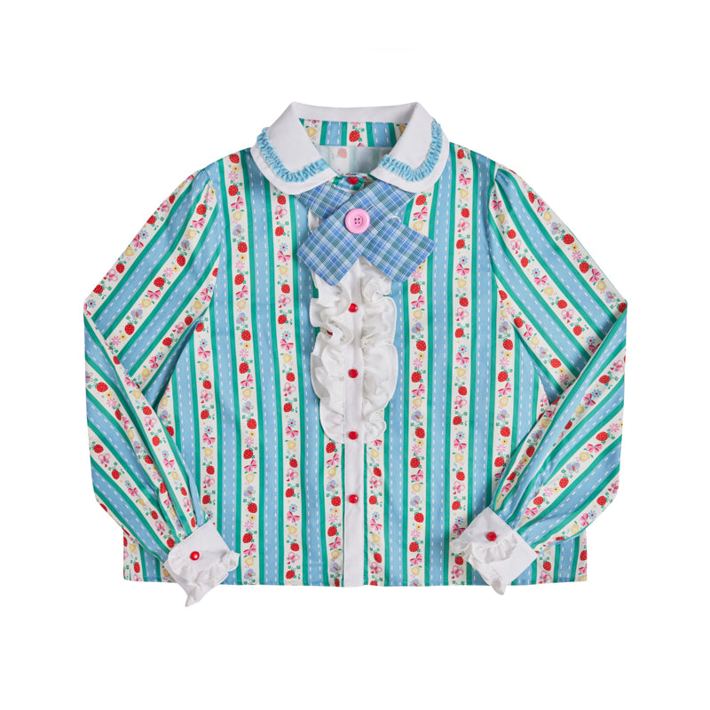 Striped print cute original tie cotton shirt