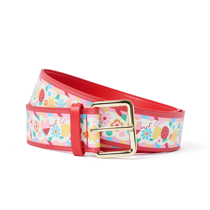 Showa flavor floral retro red pu printed belt belt