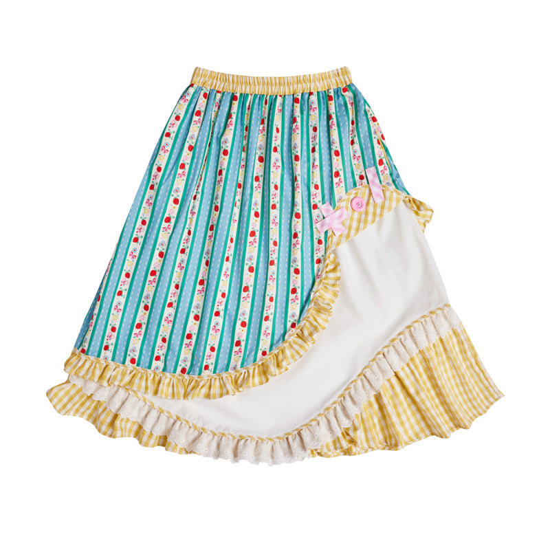 Striped printed irregular lace sweet patchwork skirt