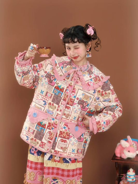 Pink patchwork-style printed loose-fitting warm quilted cotton jacket.