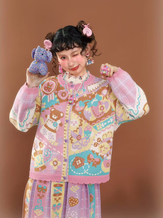 Pink and purple patchwork style vintage jacquard knit cardigan sweater