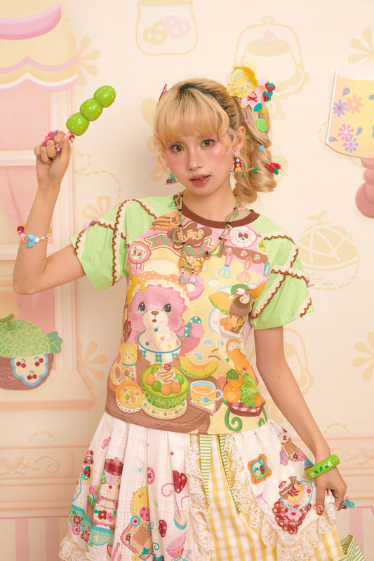 Original Bear Teahouse Printed Stitching Contrast Color Raglan Round Neck T-Shirt Short Sleeves