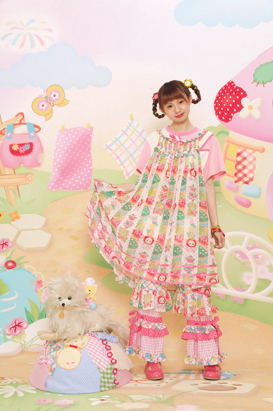 Chiffon printed cute girl layered loose suspender skirt