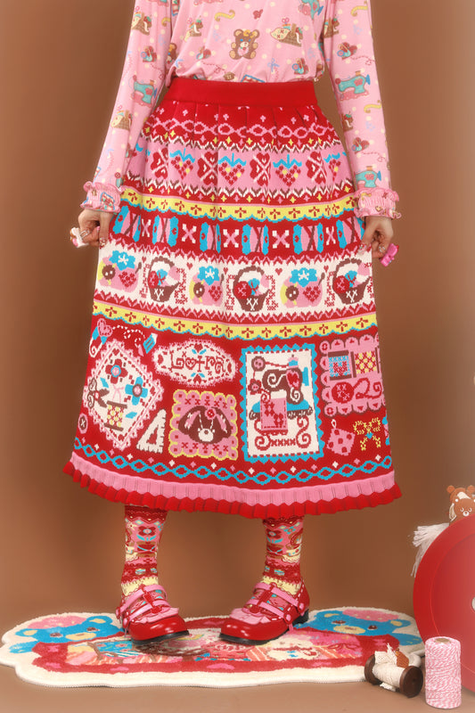 Red jacquard sewing vintage pattern lace knitted skirt (long)