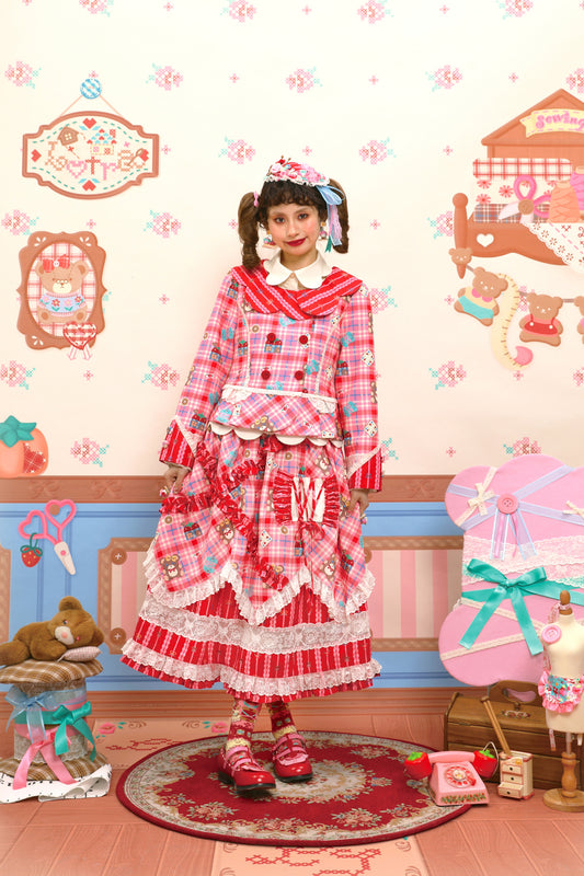Pink plaid striped lace suit dress & tiered midi skirt set