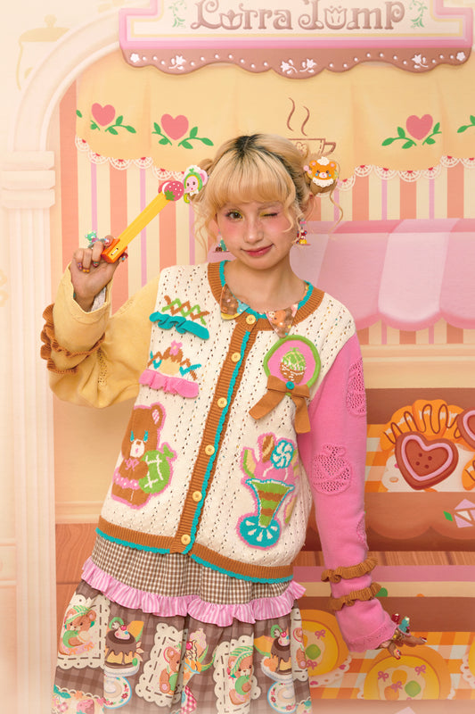 Beige colorblock retro childlike chunky needle melon sweater knitted cardigan