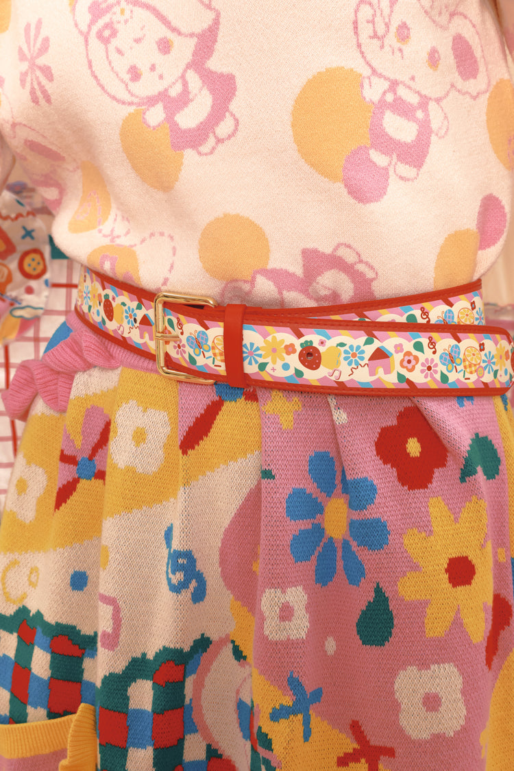 Showa flavor floral retro red pu printed belt belt