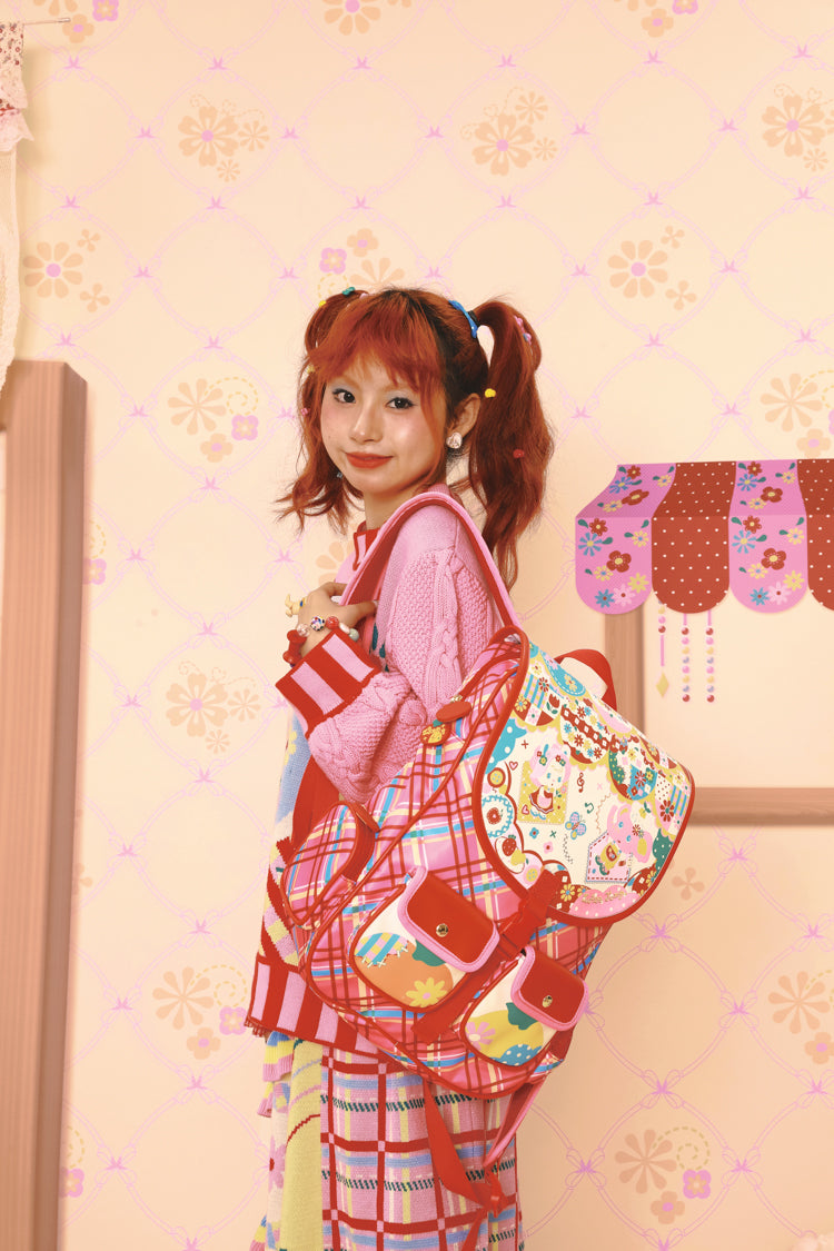 Original Showa flavor red plaid pu nylon college backpack